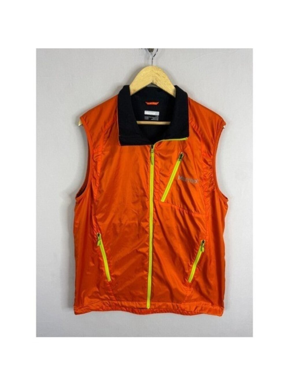 Marmot Ether DriClime Vest Mens Large Orange Neon Yellow Full Zip Outdoor Hiking